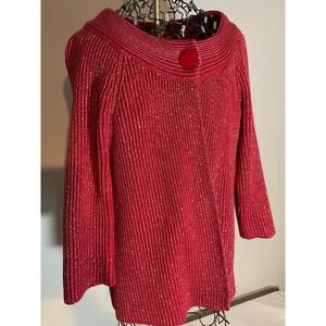 Cato Red Metallic Shimmer Ribbed Knit Cardigan Sweater Portrait Collar Size M